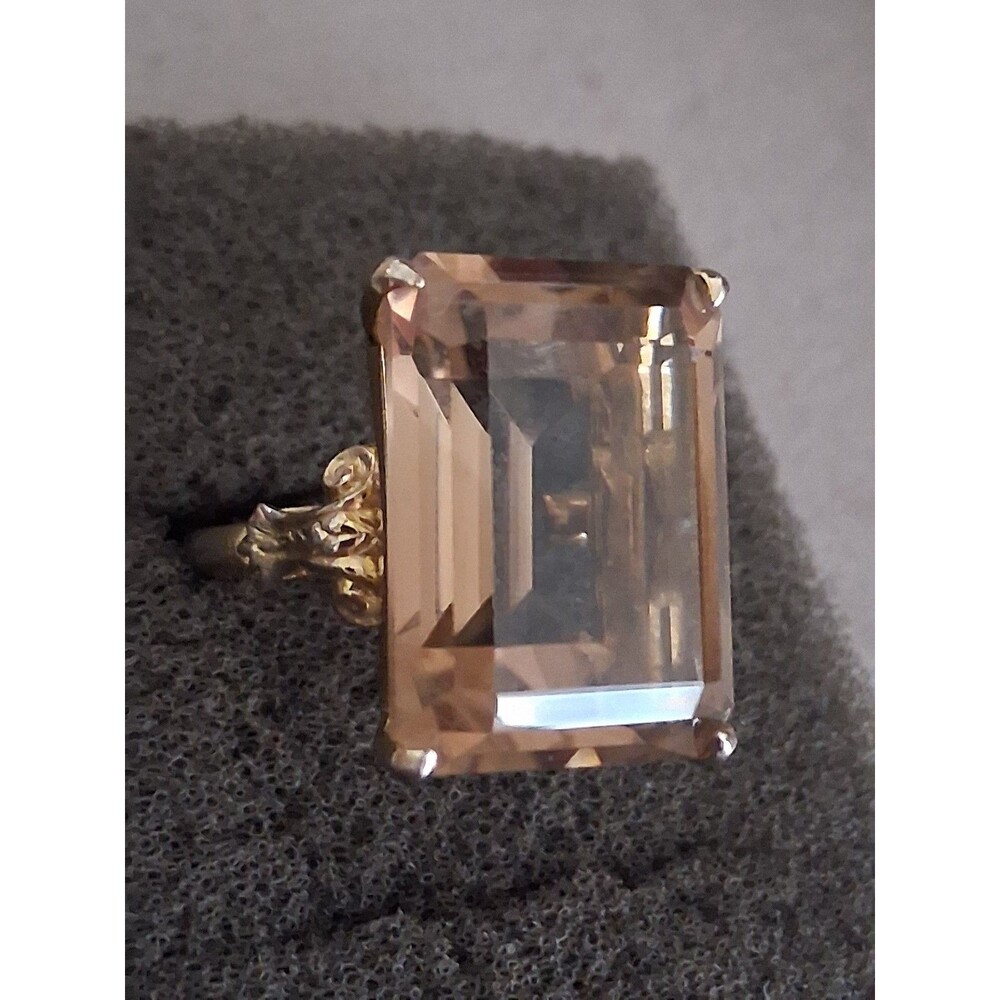 Gold Filled smokey quartz gemstone emerald cut vintage adjustable cocktail ring
